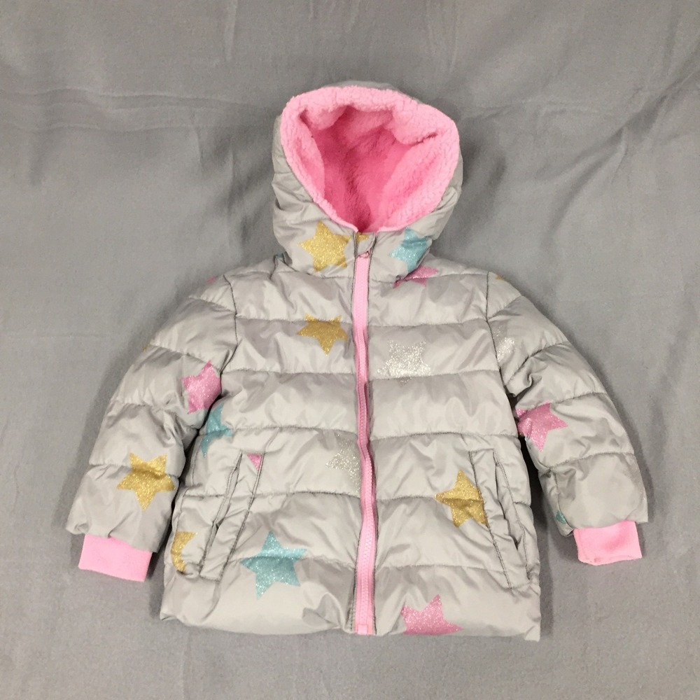 Swiss Tech Girls Grey Glitter Star Puffer Jacket Pink Faux Fur Lined Hooded 2T